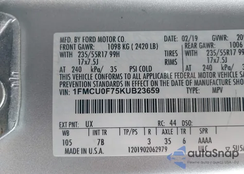 2019 Ford Escape S из США, поврежденный, VIN 1FMCU0F75KVB23659